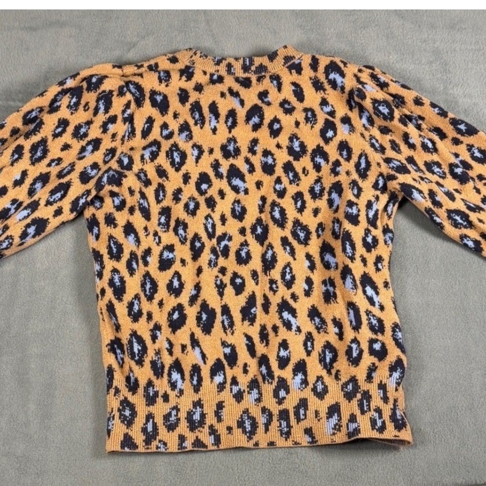 Ann Taylor Leopard Print Puff Sleeve Crew Neck Sweater Tan Blue Black Small